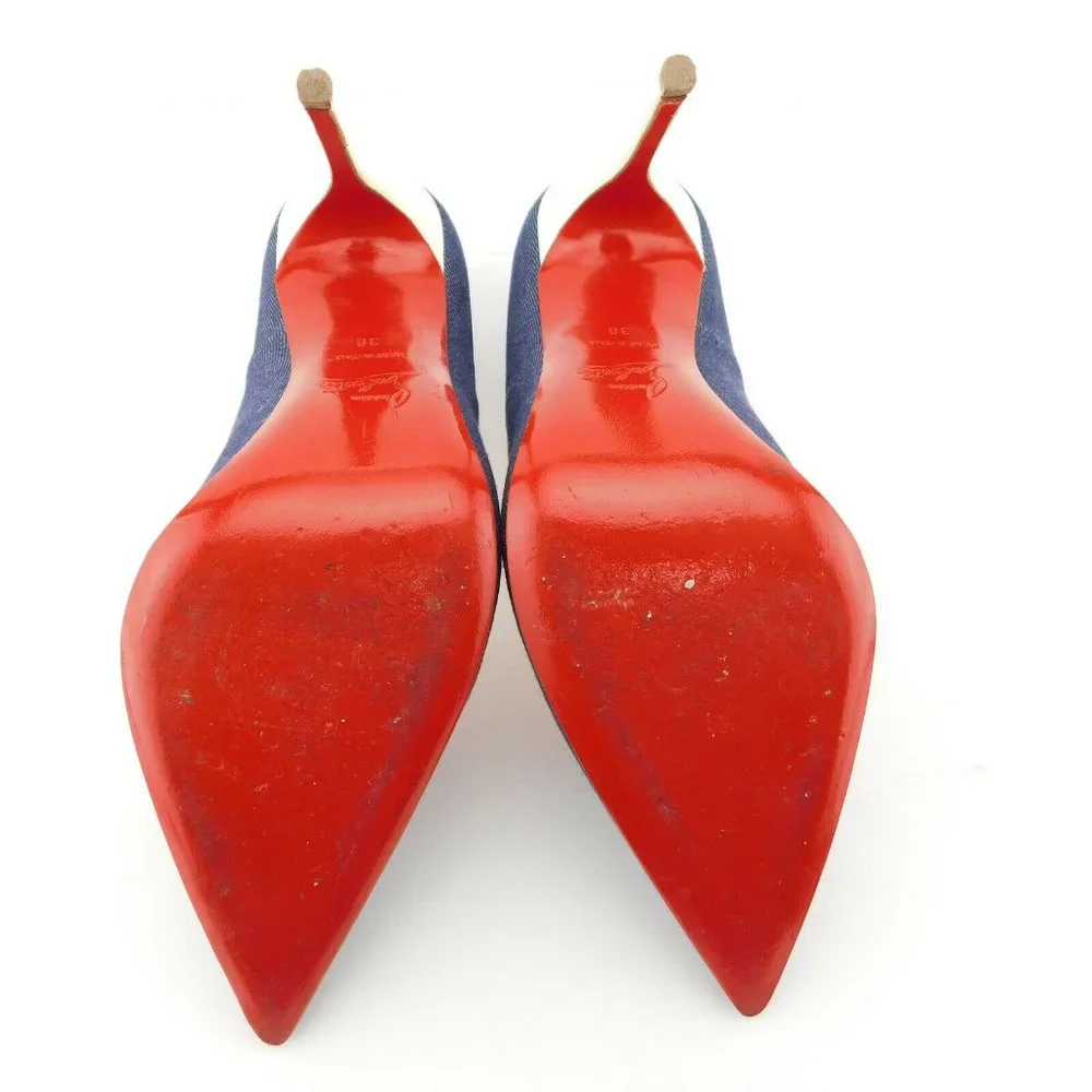 CHRISTIAN LOUBOUTIN Denim Blue Jean White Leather Stiletto Heel Pumps 38